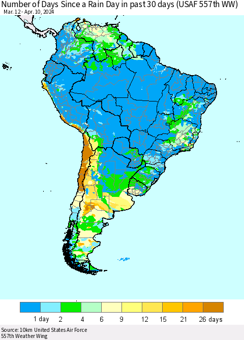 South America Number of Days Since a Rain Day in past 30 days (USAF 557th WW) Thematic Map For 4/6/2024 - 4/10/2024