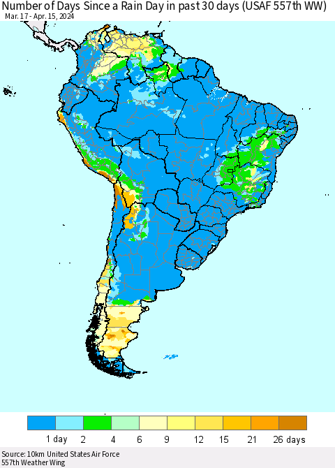 South America Number of Days Since a Rain Day in past 30 days (USAF 557th WW) Thematic Map For 4/11/2024 - 4/15/2024