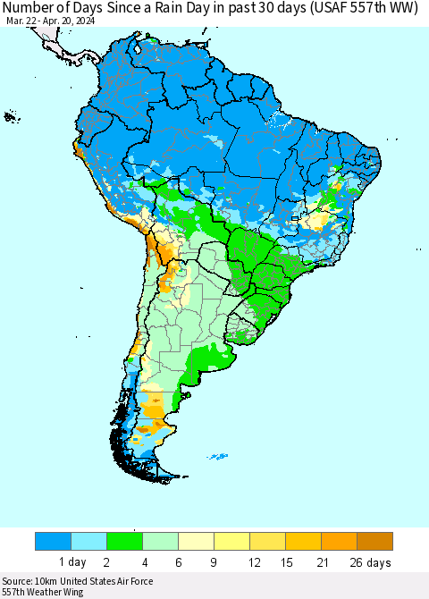South America Number of Days Since a Rain Day in past 30 days (USAF 557th WW) Thematic Map For 4/16/2024 - 4/20/2024