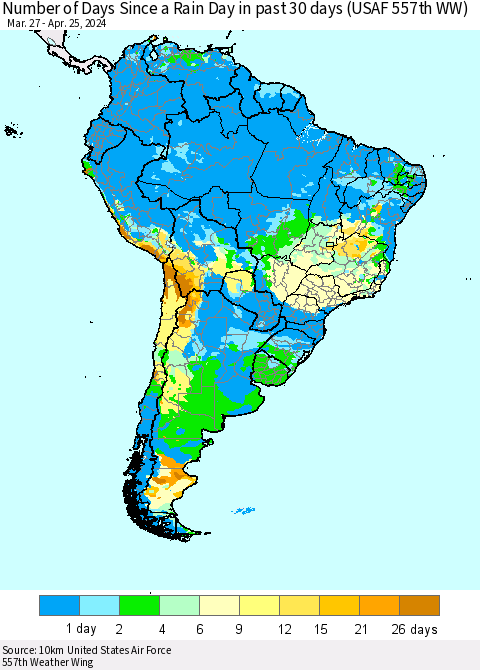 South America Number of Days Since a Rain Day in past 30 days (USAF 557th WW) Thematic Map For 4/21/2024 - 4/25/2024