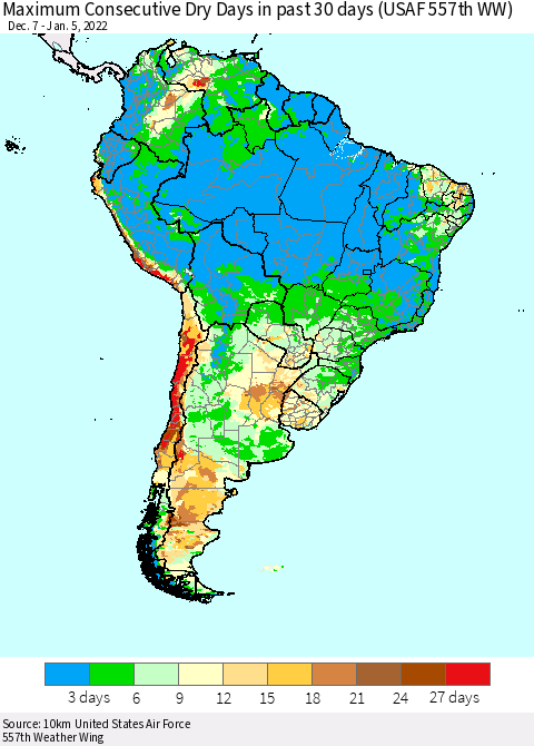 South America Maximum Consecutive Dry Days in past 30 days (USAF 557th WW) 01/05/2022 Thematic Map For 1/1/2022 - 1/5/2022