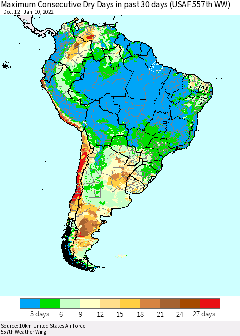 South America Maximum Consecutive Dry Days in past 30 days (USAF 557th WW) 01/10/2022 Thematic Map For 1/6/2022 - 1/10/2022