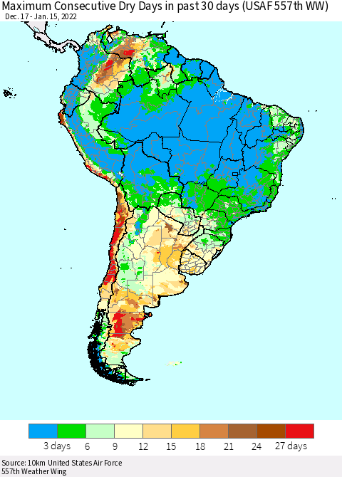 South America Maximum Consecutive Dry Days in past 30 days (USAF 557th WW) 01/15/2022 Thematic Map For 1/11/2022 - 1/15/2022