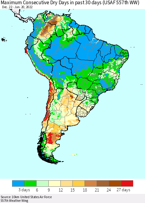 South America Maximum Consecutive Dry Days in past 30 days (USAF 557th WW) 01/20/2022 Thematic Map For 1/16/2022 - 1/20/2022