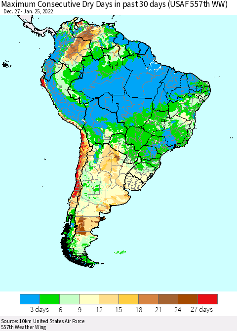 South America Maximum Consecutive Dry Days in past 30 days (USAF 557th WW) 01/25/2022 Thematic Map For 1/21/2022 - 1/25/2022
