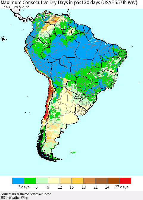South America Maximum Consecutive Dry Days in past 30 days (USAF 557th WW) 02/05/2022 Thematic Map For 2/1/2022 - 2/5/2022