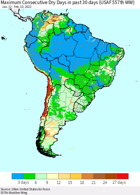 South America Maximum Consecutive Dry Days in past 30 days (USAF 557th WW) 02/10/2022 Thematic Map For 2/6/2022 - 2/10/2022