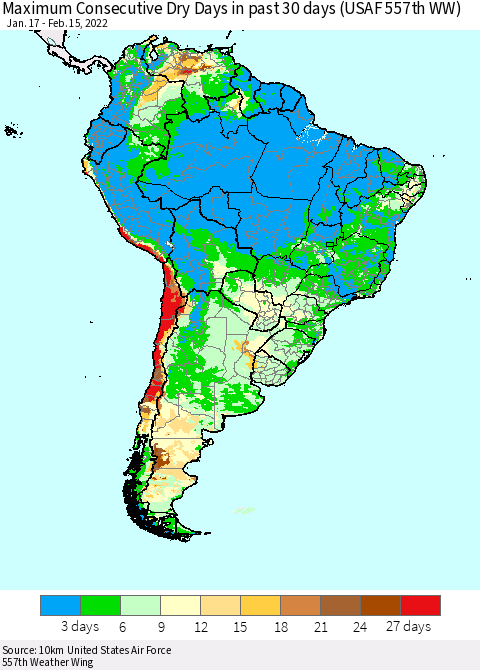 South America Maximum Consecutive Dry Days in past 30 days (USAF 557th WW) 02/15/2022 Thematic Map For 2/11/2022 - 2/15/2022