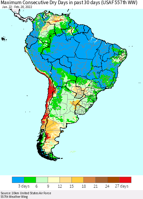 South America Maximum Consecutive Dry Days in past 30 days (USAF 557th WW) 02/20/2022 Thematic Map For 2/16/2022 - 2/20/2022