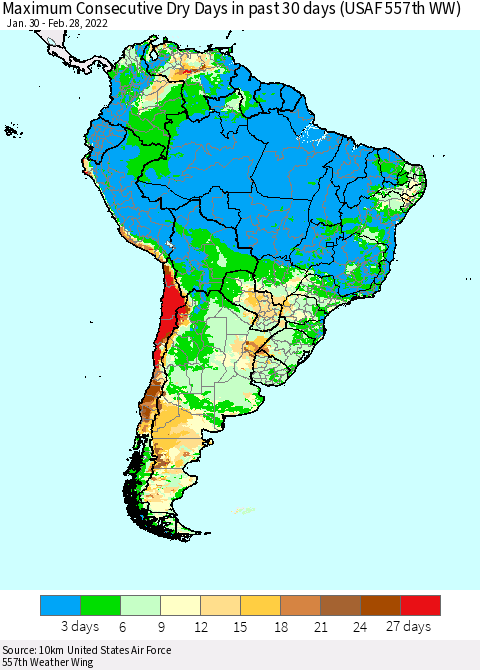 South America Maximum Consecutive Dry Days in past 30 days (USAF 557th WW) 02/28/2022 Thematic Map For 2/26/2022 - 2/28/2022