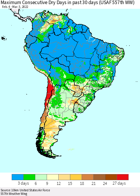 South America Maximum Consecutive Dry Days in past 30 days (USAF 557th WW) 03/05/2022 Thematic Map For 3/1/2022 - 3/5/2022
