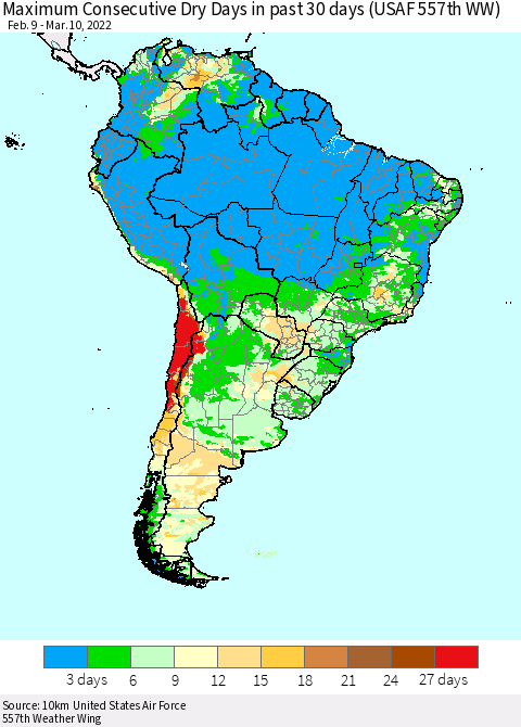 South America Maximum Consecutive Dry Days in past 30 days (USAF 557th WW) 03/10/2022 Thematic Map For 3/6/2022 - 3/10/2022