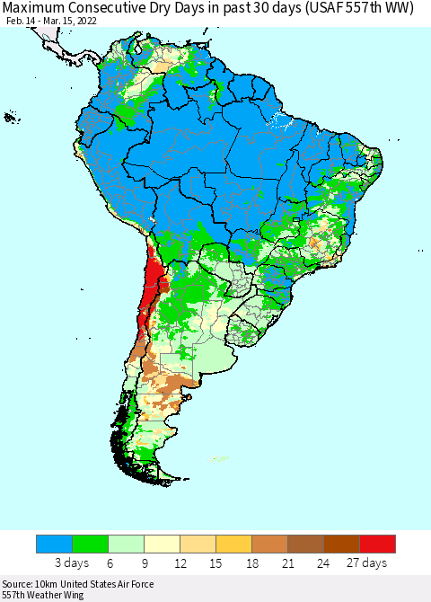 South America Maximum Consecutive Dry Days in past 30 days (USAF 557th WW) 03/15/2022 Thematic Map For 3/11/2022 - 3/15/2022