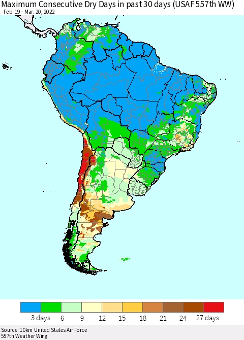 South America Maximum Consecutive Dry Days in past 30 days (USAF 557th WW) 03/20/2022 Thematic Map For 3/16/2022 - 3/20/2022
