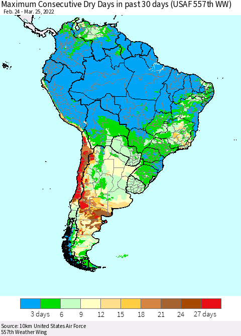 South America Maximum Consecutive Dry Days in past 30 days (USAF 557th WW) 03/25/2022 Thematic Map For 3/21/2022 - 3/25/2022