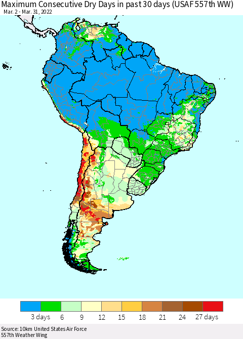 South America Maximum Consecutive Dry Days in past 30 days (USAF 557th WW) 03/31/2022 Thematic Map For 3/26/2022 - 3/31/2022