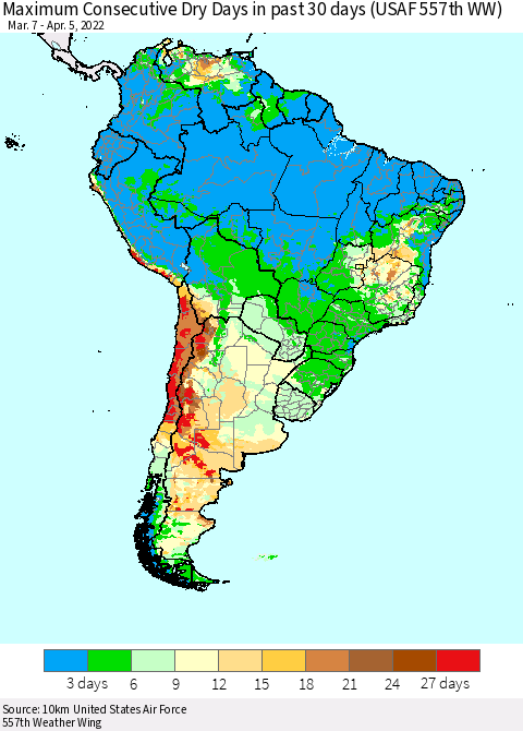 South America Maximum Consecutive Dry Days in past 30 days (USAF 557th WW) 04/05/2022 Thematic Map For 4/1/2022 - 4/5/2022