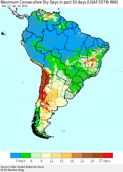 South America Maximum Consecutive Dry Days in past 30 days (USAF 557th WW) 04/10/2022 Thematic Map For 4/6/2022 - 4/10/2022