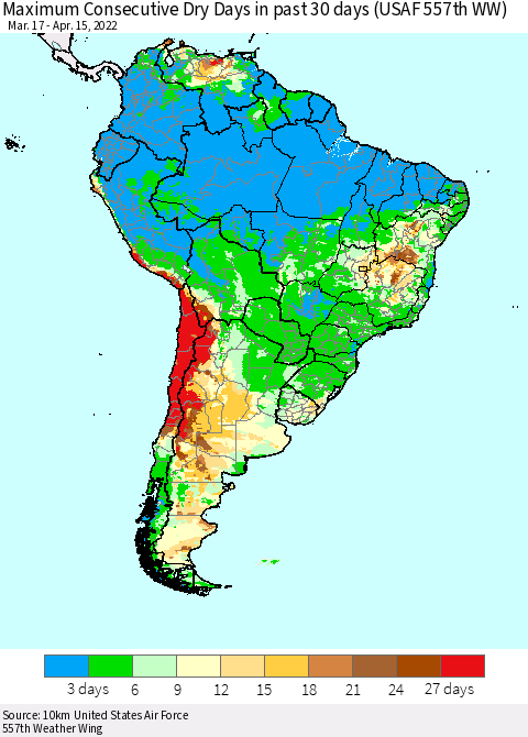 South America Maximum Consecutive Dry Days in past 30 days (USAF 557th WW) 04/15/2022 Thematic Map For 4/11/2022 - 4/15/2022