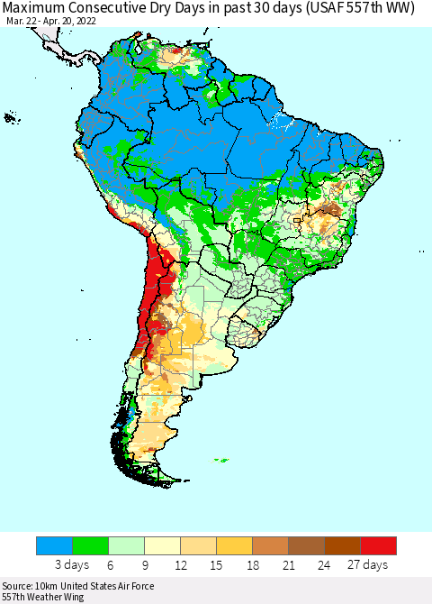 South America Maximum Consecutive Dry Days in past 30 days (USAF 557th WW) 04/20/2022 Thematic Map For 4/16/2022 - 4/20/2022