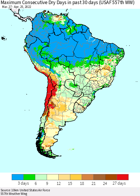 South America Maximum Consecutive Dry Days in past 30 days (USAF 557th WW) 04/25/2022 Thematic Map For 4/21/2022 - 4/25/2022