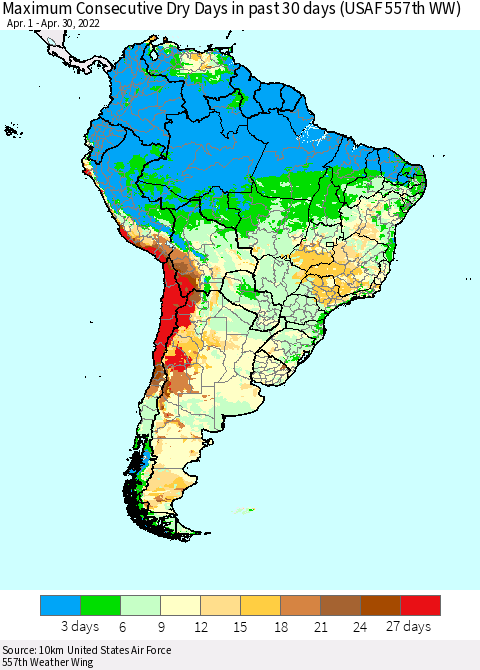 South America Maximum Consecutive Dry Days in past 30 days (USAF 557th WW) 04/30/2022 Thematic Map For 4/26/2022 - 4/30/2022