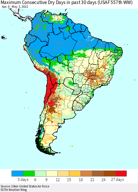 South America Maximum Consecutive Dry Days in past 30 days (USAF 557th WW) 05/05/2022 Thematic Map For 5/1/2022 - 5/5/2022