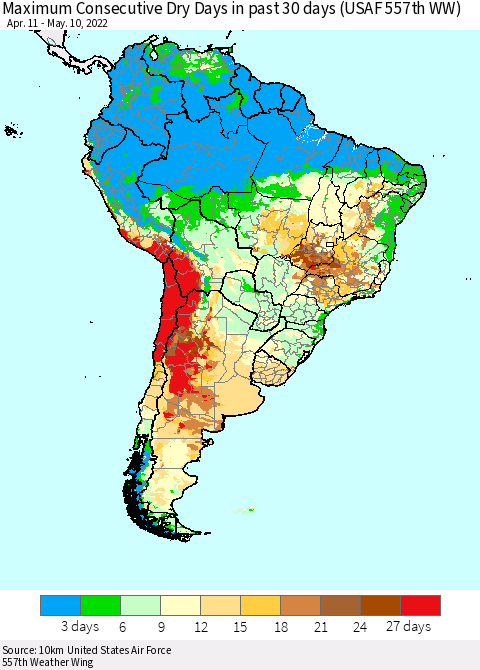South America Maximum Consecutive Dry Days in past 30 days (USAF 557th WW) 05/10/2022 Thematic Map For 5/6/2022 - 5/10/2022