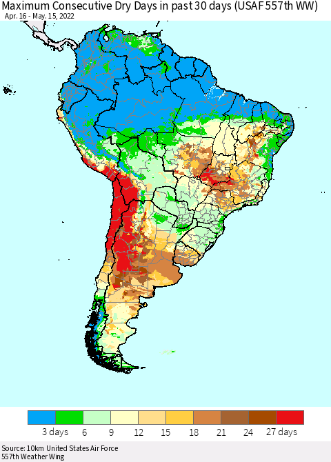 South America Maximum Consecutive Dry Days in past 30 days (USAF 557th WW) 05/15/2022 Thematic Map For 5/11/2022 - 5/15/2022