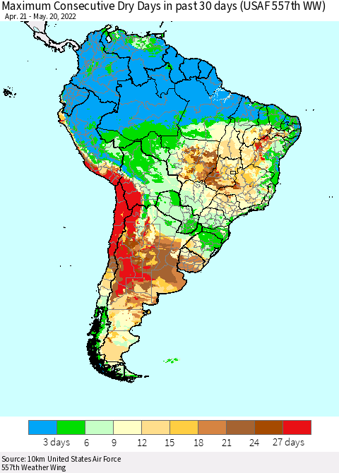 South America Maximum Consecutive Dry Days in past 30 days (USAF 557th WW) 05/20/2022 Thematic Map For 5/16/2022 - 5/20/2022