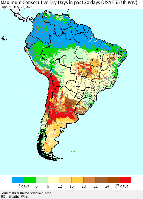 South America Maximum Consecutive Dry Days in past 30 days (USAF 557th WW) 05/25/2022 Thematic Map For 5/21/2022 - 5/25/2022