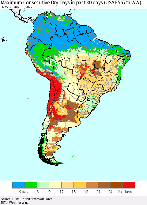 South America Maximum Consecutive Dry Days in past 30 days (USAF 557th WW) 05/31/2022 Thematic Map For 5/26/2022 - 5/31/2022