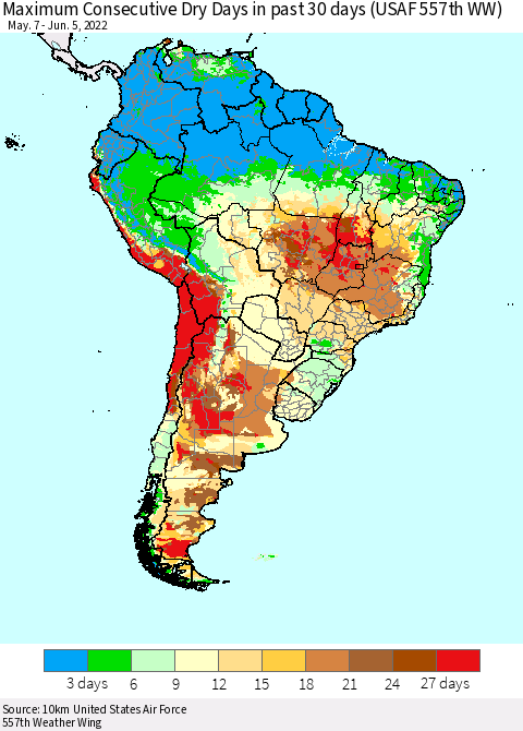 South America Maximum Consecutive Dry Days in past 30 days (USAF 557th WW) 06/05/2022 Thematic Map For 6/1/2022 - 6/5/2022