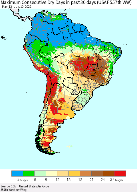 South America Maximum Consecutive Dry Days in past 30 days (USAF 557th WW) 06/10/2022 Thematic Map For 6/6/2022 - 6/10/2022