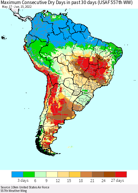 South America Maximum Consecutive Dry Days in past 30 days (USAF 557th WW) 06/15/2022 Thematic Map For 6/11/2022 - 6/15/2022