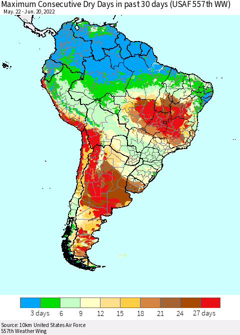South America Maximum Consecutive Dry Days in past 30 days (USAF 557th WW) 06/20/2022 Thematic Map For 6/16/2022 - 6/20/2022