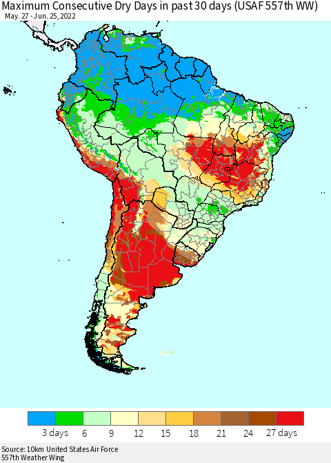South America Maximum Consecutive Dry Days in past 30 days (USAF 557th WW) 06/25/2022 Thematic Map For 6/21/2022 - 6/25/2022