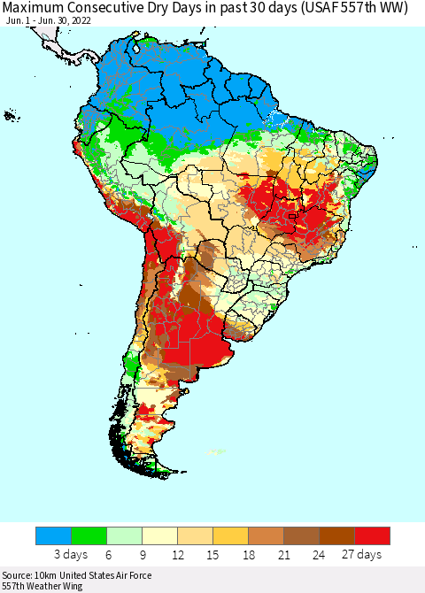 South America Maximum Consecutive Dry Days in past 30 days (USAF 557th WW) 06/30/2022 Thematic Map For 6/26/2022 - 6/30/2022