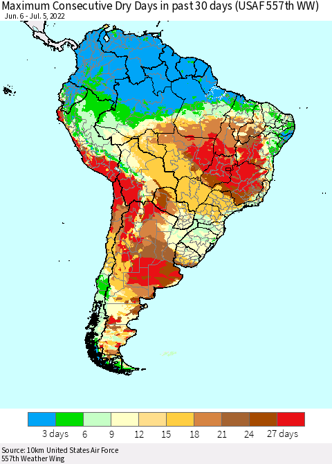 South America Maximum Consecutive Dry Days in past 30 days (USAF 557th WW) 07/05/2022 Thematic Map For 7/1/2022 - 7/5/2022