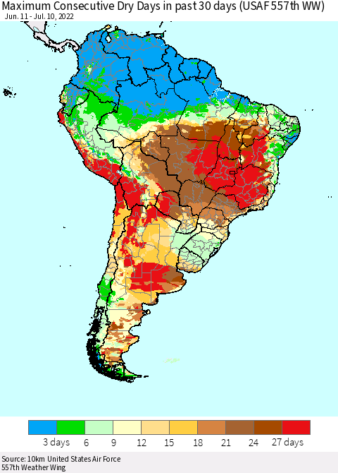 South America Maximum Consecutive Dry Days in past 30 days (USAF 557th WW) 07/10/2022 Thematic Map For 7/6/2022 - 7/10/2022