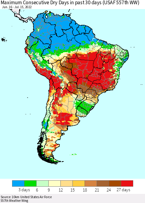 South America Maximum Consecutive Dry Days in past 30 days (USAF 557th WW) 07/15/2022 Thematic Map For 7/11/2022 - 7/15/2022