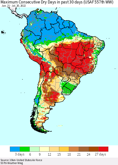 South America Maximum Consecutive Dry Days in past 30 days (USAF 557th WW) 07/20/2022 Thematic Map For 7/16/2022 - 7/20/2022