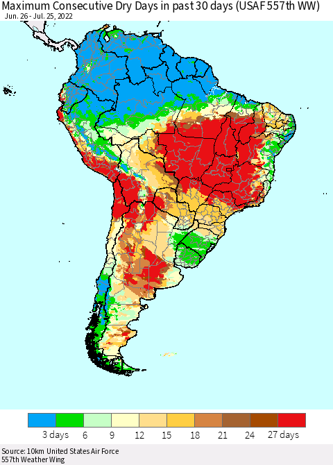 South America Maximum Consecutive Dry Days in past 30 days (USAF 557th WW) 07/25/2022 Thematic Map For 7/21/2022 - 7/25/2022
