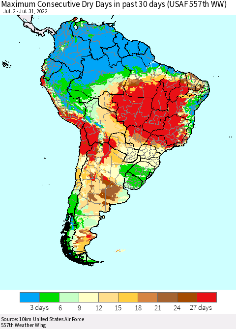 South America Maximum Consecutive Dry Days in past 30 days (USAF 557th WW) 07/31/2022 Thematic Map For 7/26/2022 - 7/31/2022