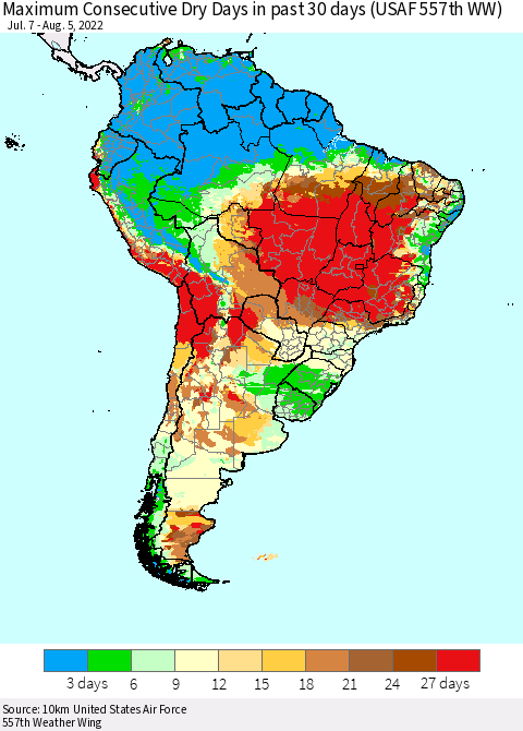 South America Maximum Consecutive Dry Days in past 30 days (USAF 557th WW) 08/05/2022 Thematic Map For 8/1/2022 - 8/5/2022