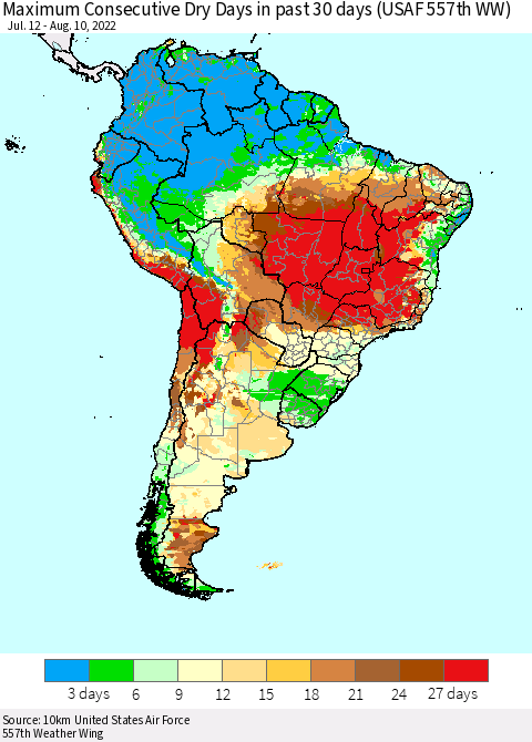 South America Maximum Consecutive Dry Days in past 30 days (USAF 557th WW) 08/10/2022 Thematic Map For 8/6/2022 - 8/10/2022