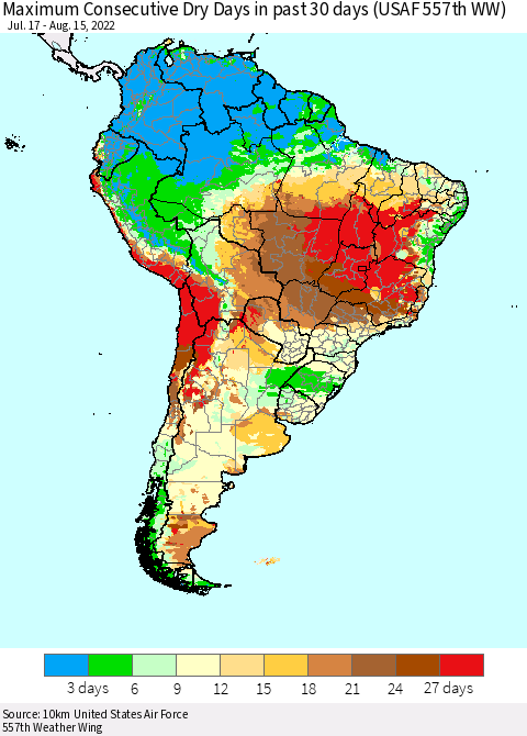 South America Maximum Consecutive Dry Days in past 30 days (USAF 557th WW) 08/15/2022 Thematic Map For 8/11/2022 - 8/15/2022