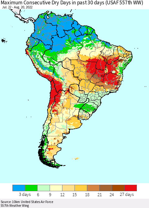 South America Maximum Consecutive Dry Days in past 30 days (USAF 557th WW) 08/20/2022 Thematic Map For 8/16/2022 - 8/20/2022