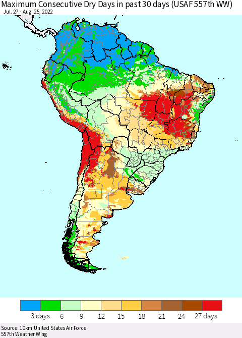 South America Maximum Consecutive Dry Days in past 30 days (USAF 557th WW) 08/25/2022 Thematic Map For 8/21/2022 - 8/25/2022