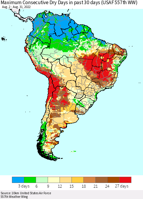 South America Maximum Consecutive Dry Days in past 30 days (USAF 557th WW) 08/31/2022 Thematic Map For 8/26/2022 - 8/31/2022